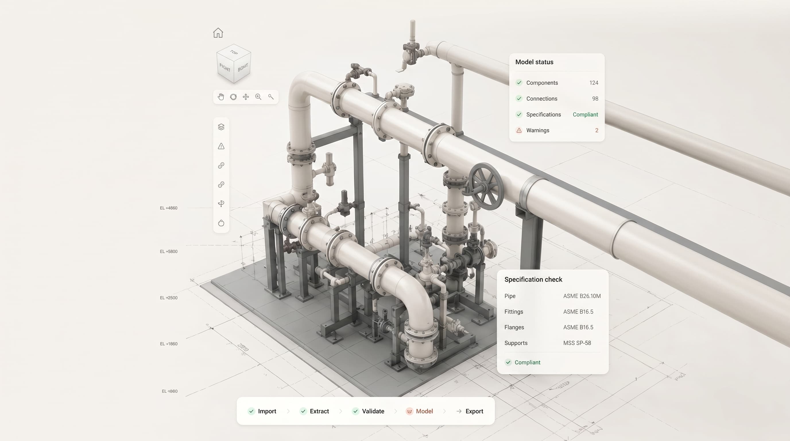 PIDFlow 3D piping model with live spec-compliance checks